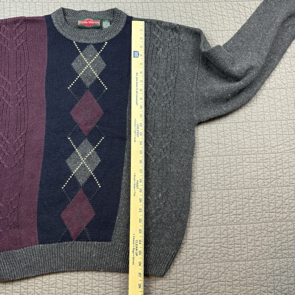 Vtg Stone Haven Sweater Men Large Cable Knit Argyle Striped Grandpa Dad Retro - Picture 8 of 9